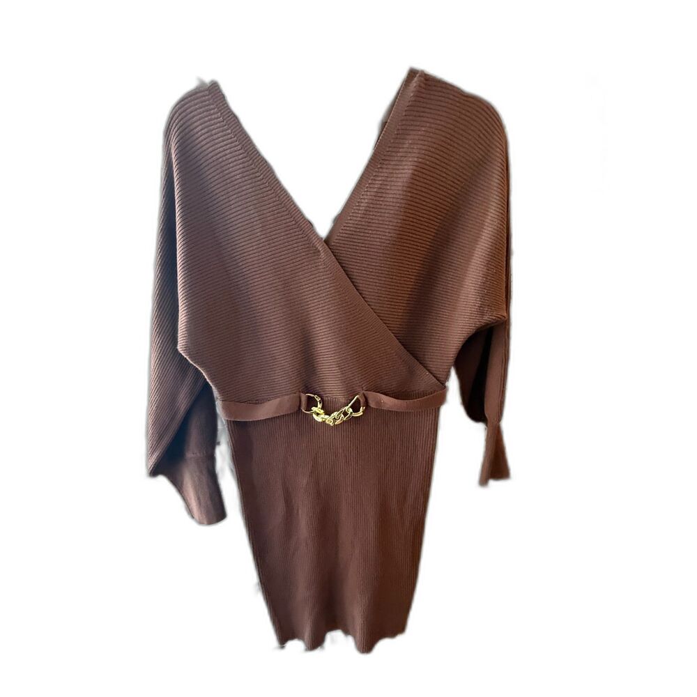 Rose Harlow Brown Sweater Dress V-Neck With Gold colored belt accent  Medium NWT